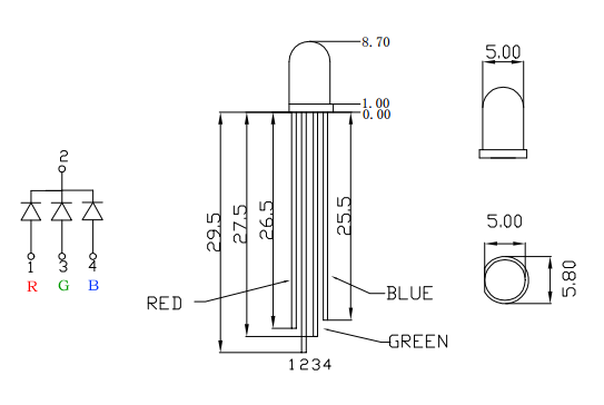 5MM Tripple RGB LED Common Cathode Size 